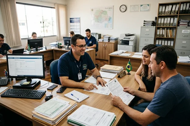 Despachante ajudando cliente na Foz do Iguaçu com documentos e serviço de despachante.