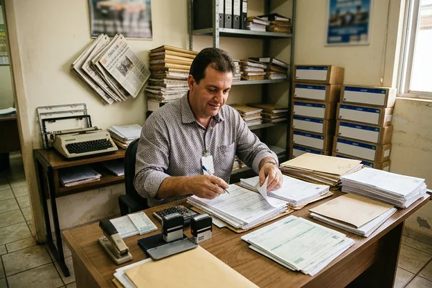 Despachante organizando documentos para o processo de emplacamento em Foz do Iguaçu.